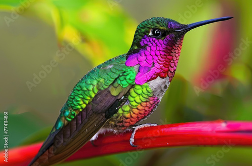 A closeup of an iridescent hummingbird perched on the edge of its colorful tail feathers, with green foliage softly in focus behind it.