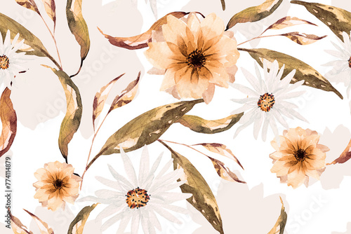 Seamless pattern of autumn flowers painted in watercolor on white background.For fabric luxurious and wallpaper, vintage style.Hand drawn botanical floral pattern. © joy8046