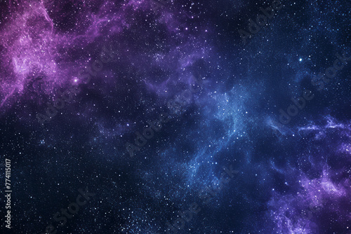 A cosmic scene featuring a purple and blue space filled with numerous stars shining brightly