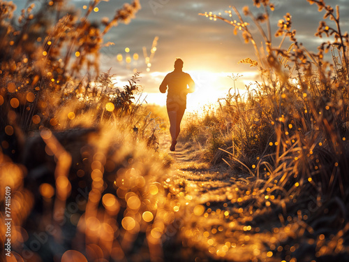  running / jogging in a field / nature towards the sunset / sunrise, low angle view, healthy lifestyle