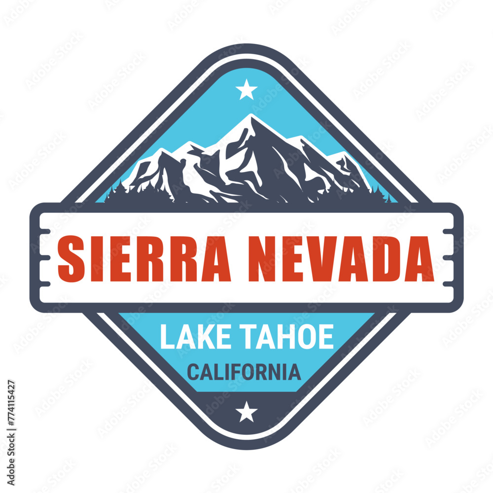 Sierra Nevada USA mountain range, California, emblem with lake tahoe and snow covered mountains, vector - obrazy, fototapety, plakaty 