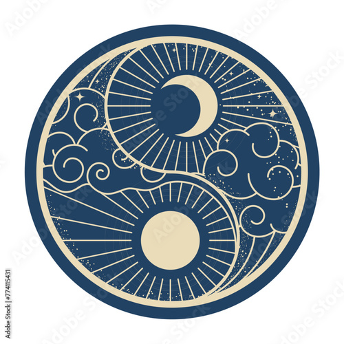 Day and night, sun and moon in clouds, yin and yang symbol, oriental elements, vector