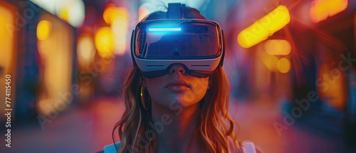 A woman wearing a virtual reality headset is standing in a city street by AI generated image