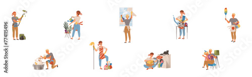 Man Character Doing Housework and Domestic Chores Vector Set