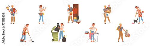 Man Character Doing Housework and Domestic Chores Vector Set
