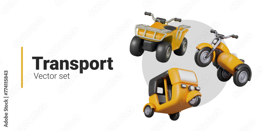 Set of 3D yellow vehicles in floating position. Quad bike, auto rickshaw, tricycle with sidecar Set of 3D yellow vehicles in floating position. Quad bike, auto rickshaw, tricycle with sidecar