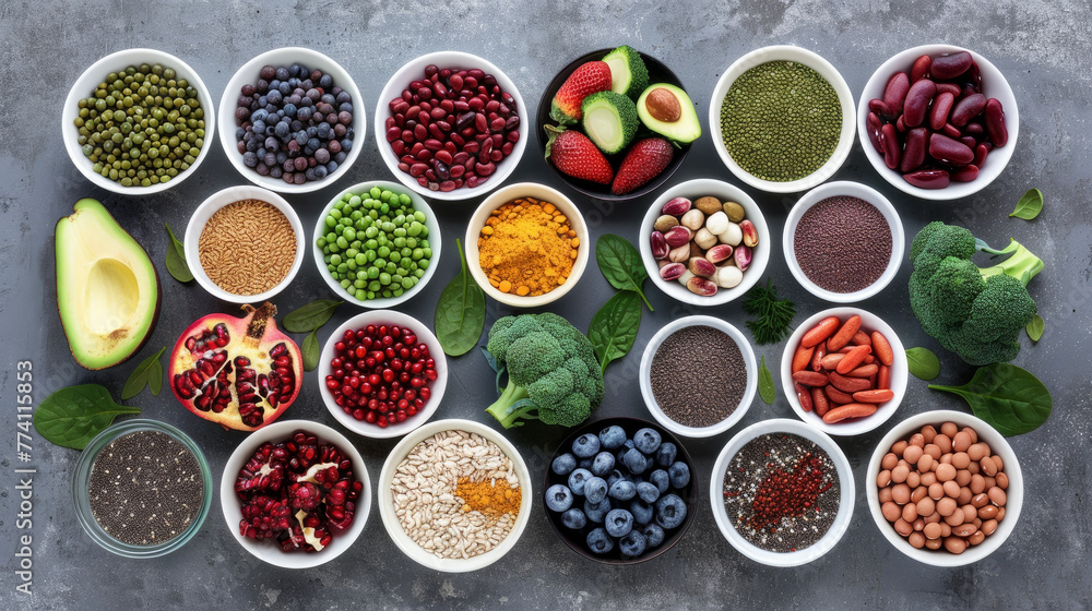 A flat lay of various healthy foods such as fruits, vegetables, and grains arranged in rows on a grey background A flat lay of various healthy foods such as fruits, vegetables, and grains arranged in rows on a grey background