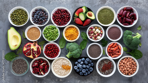 A flat lay of various healthy foods such as fruits, vegetables, and grains arranged in rows on a grey background