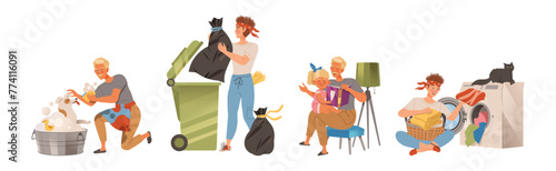 Man Character Doing Housework and Domestic Chores Vector Set