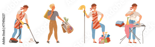 Man Character Doing Housework and Domestic Chores Vector Set