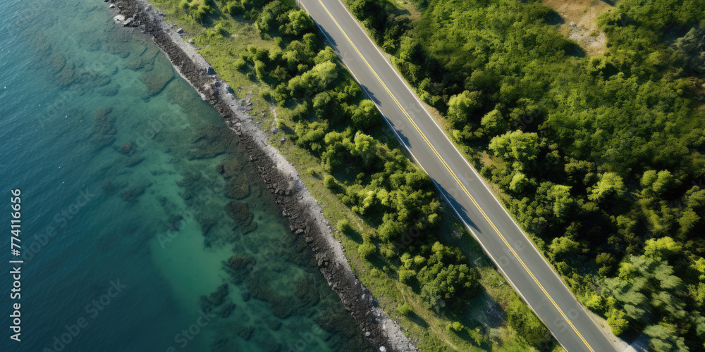 Aerial view of curved asphalt road near the ocean or sea, coastline	
