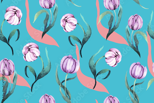Seamless pattern of tulips and blooming flower with watercolor.Designed for fabric and wallpaper, vintage style.Hand drawn floral pattern.Botany background. © joy8046