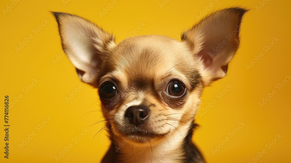 Small, light brown chihuahua dog with short, smooth fur looking at camera with its ears perked up. Dog standing in front of solid yellow background. Dog has dark brown eyes, black nose.