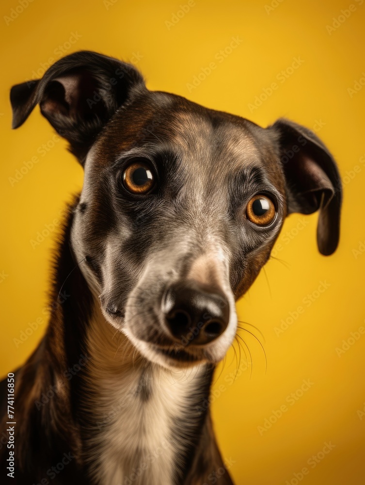Closeup of dark gray whippet dog looking at camera with curious expression on its face. Dog has short, dark fur with white patch on its chest, white paws. Its ears large, pointed, its eyes deep.