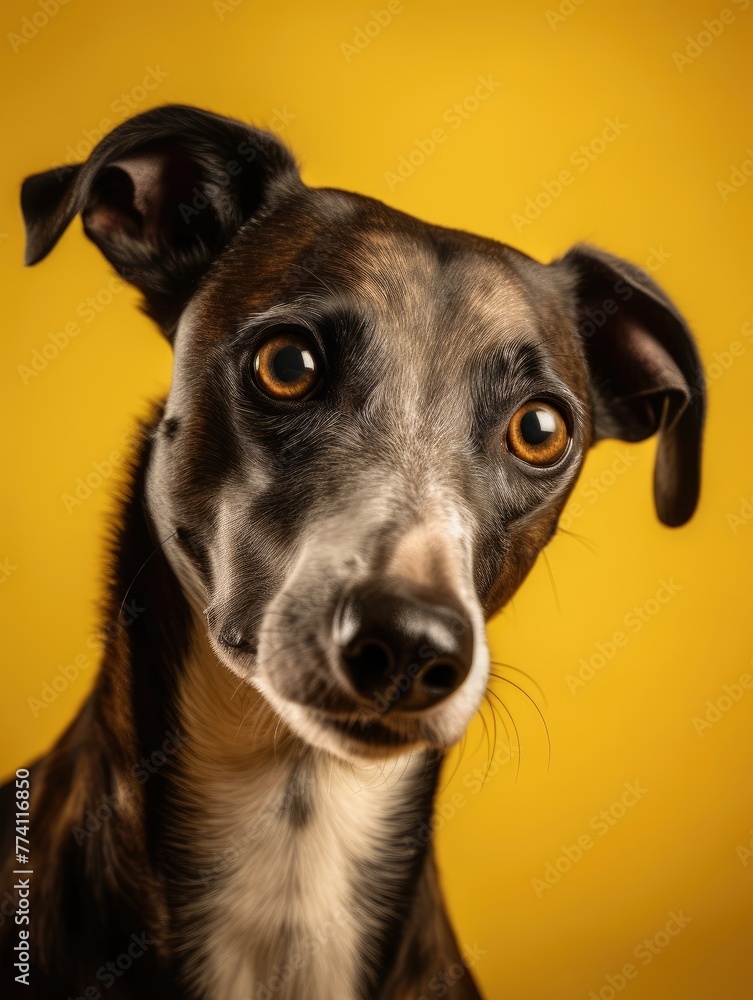 Closeup of dark gray whippet dog looking at camera with curious expression on its face. Dog has short, dark fur with white patch on its chest, white paws. Its ears large, pointed, its eyes deep. Closeup of dark gray whippet dog looking at camera with curious expression on its face. Dog has short, dark fur with white patch on its chest, white paws. Its ears large, pointed, its eyes deep.