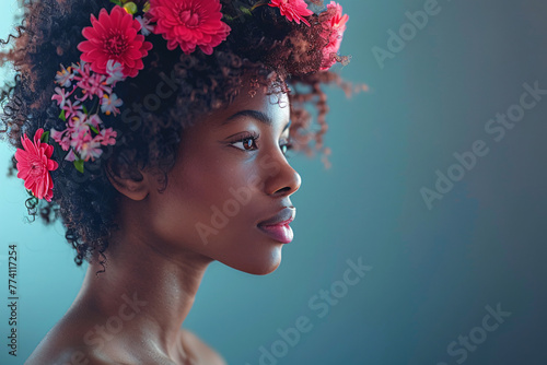 Afro woman is on a pink background. Concept of beauty and elegance, with the woman's natural hair.