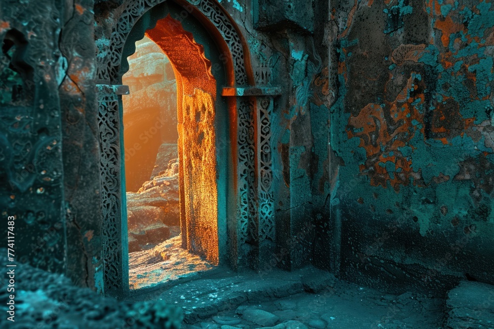 Sunken city, closeup on intricate doorway, empty, teal and orange hues, morning light, clear visibility Sunken city, closeup on intricate doorway, empty, teal and orange hues, morning light, clear visibility