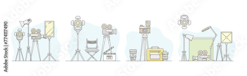 Movie Production and Filmmaking or Motion Picture Record Line Vector Set