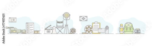 Movie Production and Filmmaking or Motion Picture Record Line Vector Set