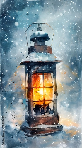 Weathered Vintage Lantern Glowing Amidst a Frosty Winter Wonderland Landscape © lertsakwiman