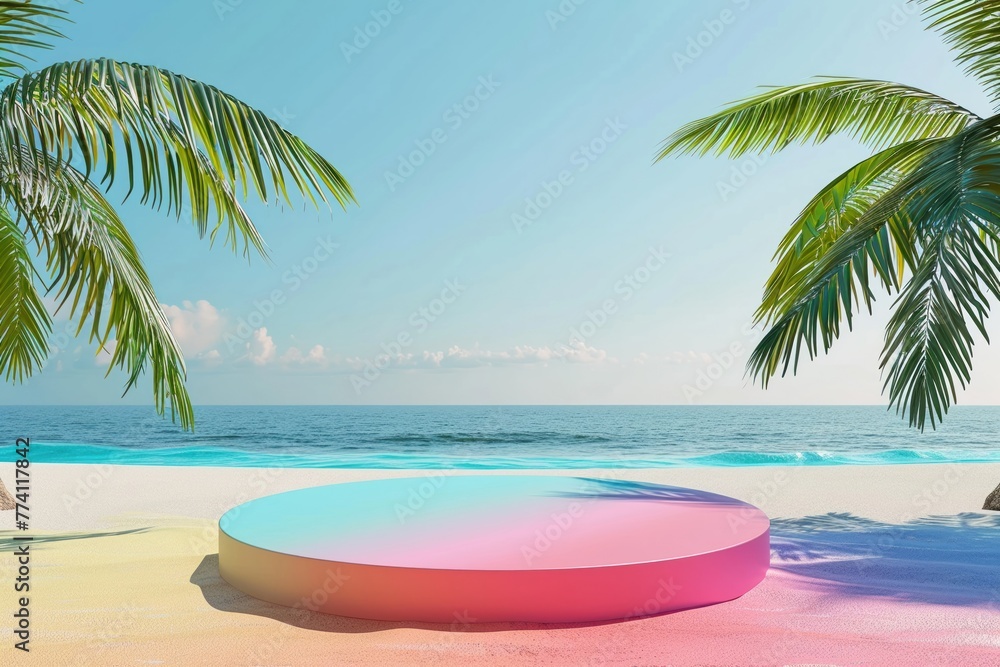 Obraz premium Summer travel 3D podium, colorful, empty beach backdrop, bright sunny day, space for destination display