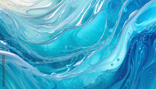 Flow of light blue-colored paint. Blue liquid. Bright abstract background. Acrylic painted waves.