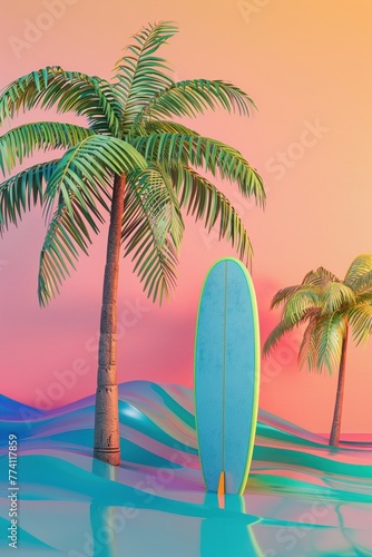 Palm trees and surfboard, holiday escape, 3D clay render, colorful geometric abstraction