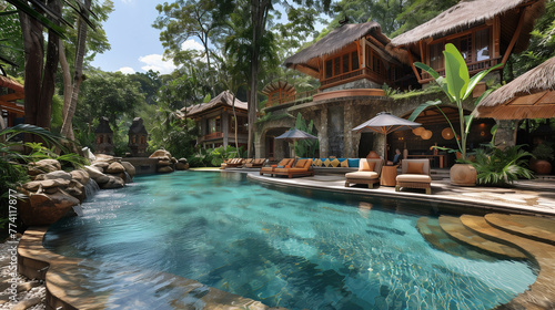 Luxury vacation home on a tropical island in Indonesia. Beautiful infinity pool with waterfalls in an exotic landscape. Relaxation area. Resort, bungalow and hotel concept of a trip on vacation in Bal