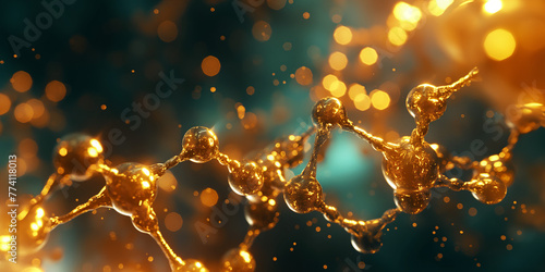 Biochemistry molecular or atom structure with golden colors in medical science, abstract background. macromolecule proteomics research technologies. 3D render. 