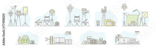 Movie Production and Filmmaking or Motion Picture Record Line Vector Set