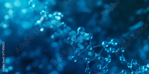 Biochemistry molecular or atom structure in medical science, blue abstract background. macromolecule proteomics research technologies. 3D render. 