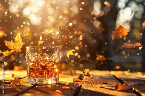 Closeup  whiskey tumbler  wooden bar outdoor  backdrop of falling leaves  autumn  warm tones  soft light