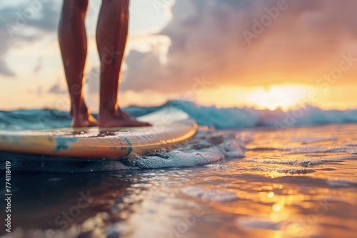 Surfer checking waves  closeup  surfboard edge  summer sunset skies  warm tones  calm horizon
