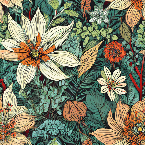 Retro wild floral pattern in many types of flower plants. Botanical motifs