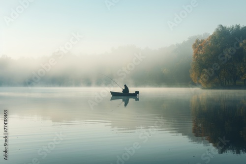 Fishing at Dawn on a Serene Misty Lake with Autumn Trees