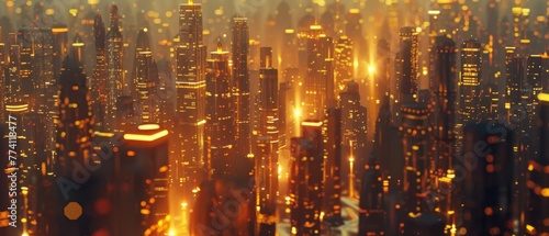 3D view of a golden city skyline, where each building is detailed with shimmering lights, against a dusky sky for a dramatic effect.