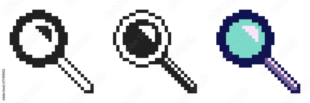 Pixel Art Style Magnifier Icon Set in Variant Styles Pixel Art Style Magnifier Icon Set in Variant Styles