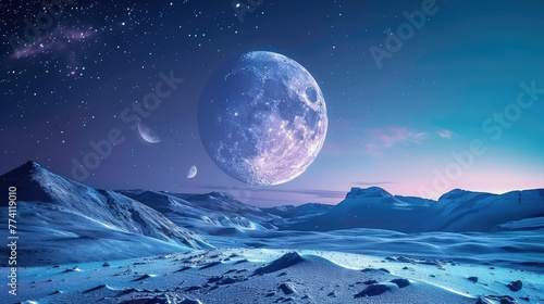 Craft a serene image of the moon's surface bathed in soft moonlight, set against the grandeur of a massive planet hanging prominently in the celestial expanse