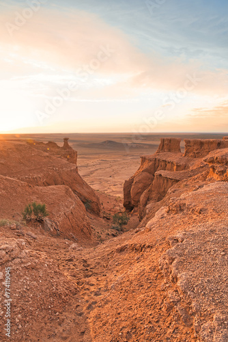 The Golden hour of Desert, Flaming cliff, Mongolia at Sunset