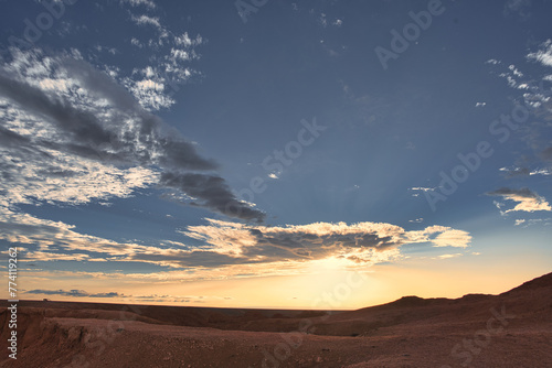 The Golden hour of Desert  Flaming cliff  Mongolia at Sunset