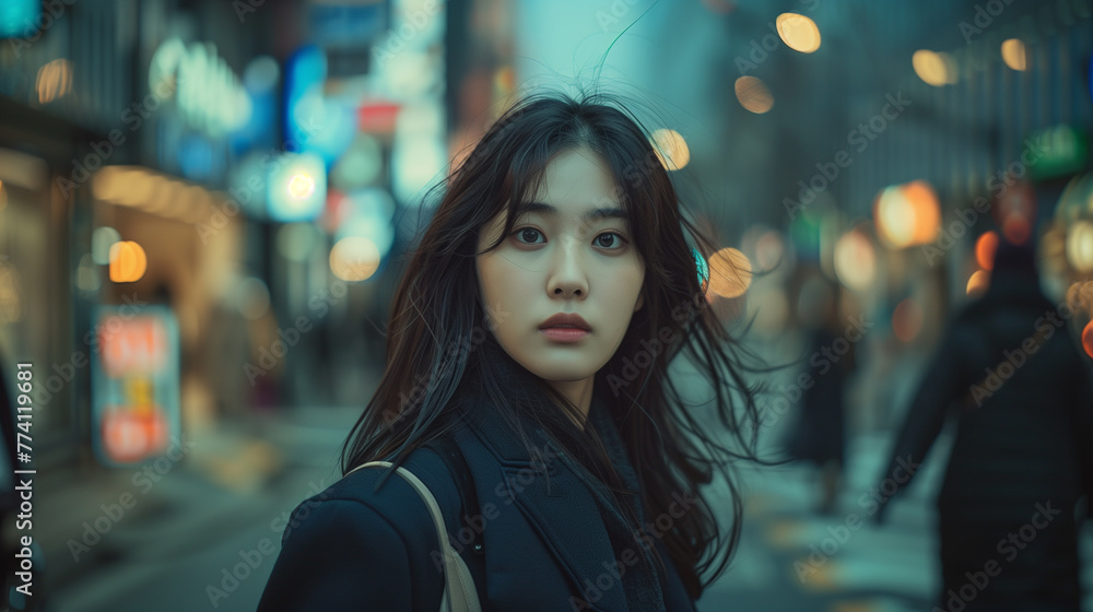 Amidst the bustling urban street, an adult Korean woman walks through the lively rhythm of city life.