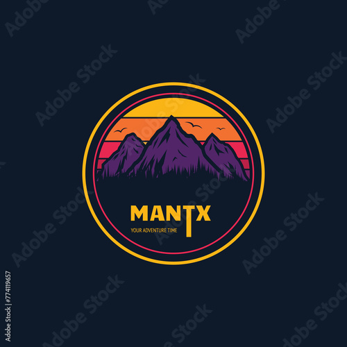 Mountain adventure badge, logo or print for t-shirt design. Travel and camping concept. Text and letters, flying birds, sun and forest on mountain background in retro 80s colors
