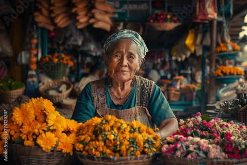 Elderly woman vendor with a kind smile sells vibrant marigolds and other blooms, adding a splash of color to the bustling atmosphere of a traditional market. © NaphakStudio