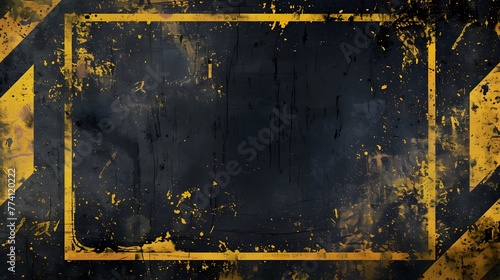 Fiery yellow strokes shaping grunge border on dark backdrop, abstract diagonal police lines in yellow on rugged black canvas