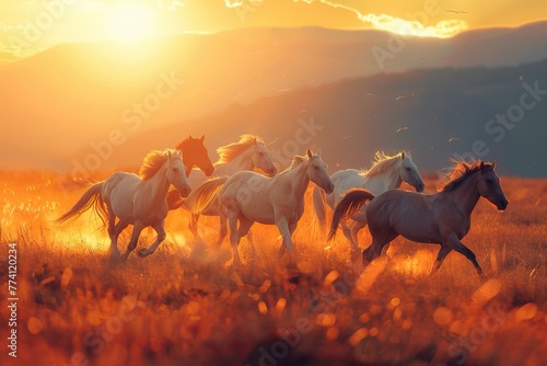 Herd of horses running in a sunset field