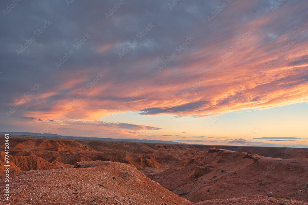 The Golden hour of Desert, Flaming cliff, Mongolia at Sunset