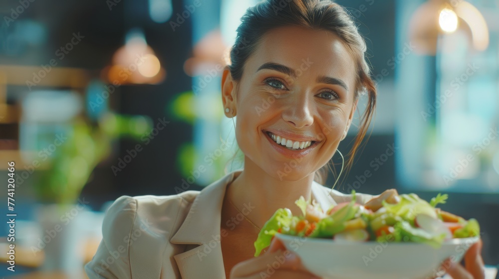 Smiling woman offering a healthy salad. Smiling woman offering a healthy salad.