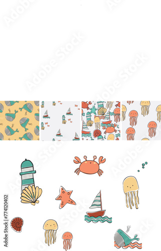 Cute colorful marine sailor marine animals jellyfish crab sheep starfish whale seamless print pattern graphic tee design for kids market as vector  © Buse
