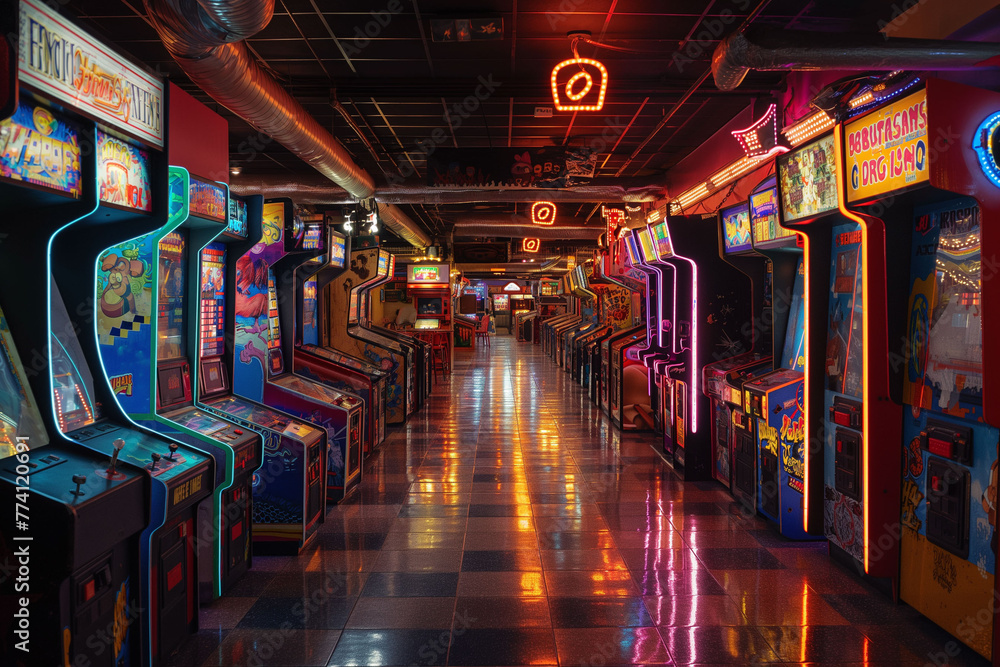 A colorful arcade filled with retro video games and flashing lights, capturing the nostalgia of 80s gaming culture A colorful arcade filled with retro video games and flashing lights, capturing the nostalgia of 80s gaming culture