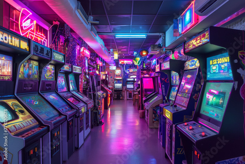 A colorful arcade filled with retro video games and flashing lights, capturing the nostalgia of 80s gaming culture photo